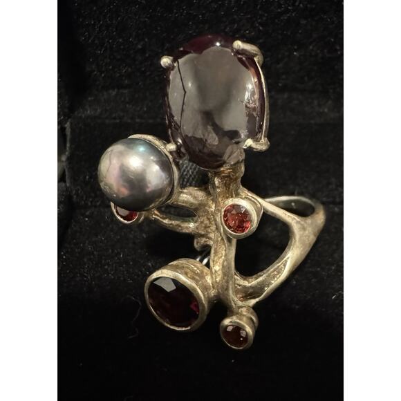 Size 8.5 Silver Ring, Plated In Gold, Garnets And Tahitian Pearl Settings